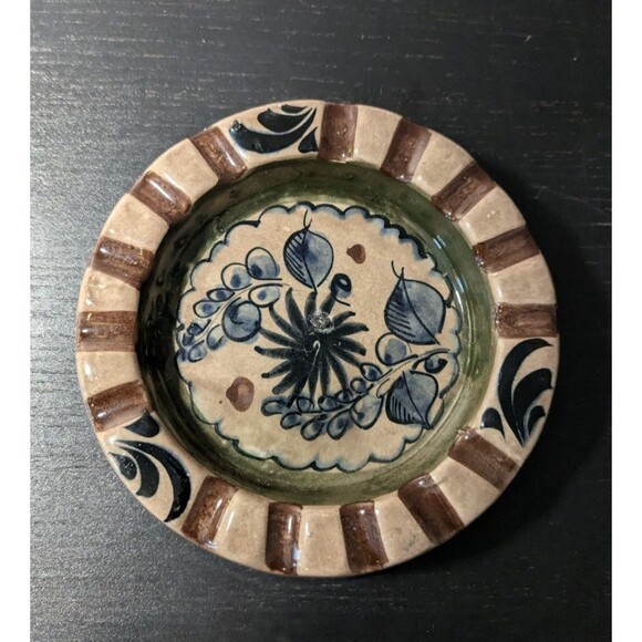 Large Tonala Mexican Pottery Ashtray Signed Hand Painted Brown Blue 6'' - Picture 2 of 8